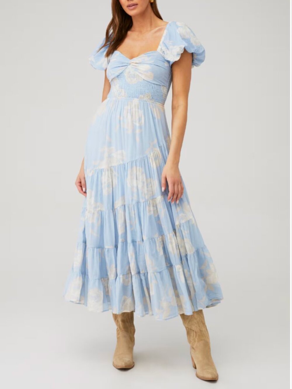 Free People Sundrenched Short-Sleeve Maxi Dress with Puff Sleeve